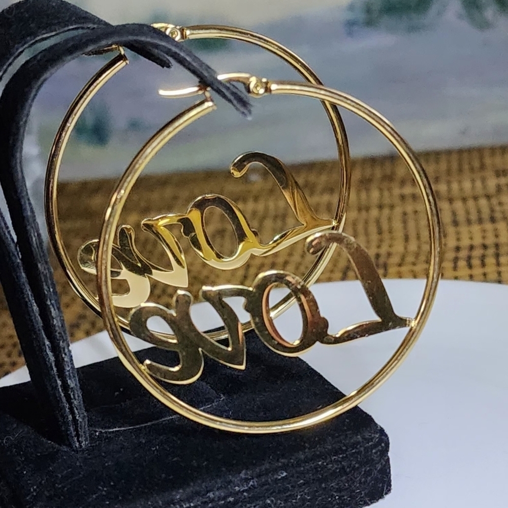 Gold Stainless Steel LOVE Hoop Earrings - Picture 6 of 7